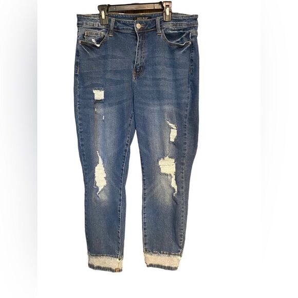 Judy Blue Sz 13/31 Blue Denim Distressed Shredded Slim Fit Stretch Boho Jeans - Picture 1 of 8